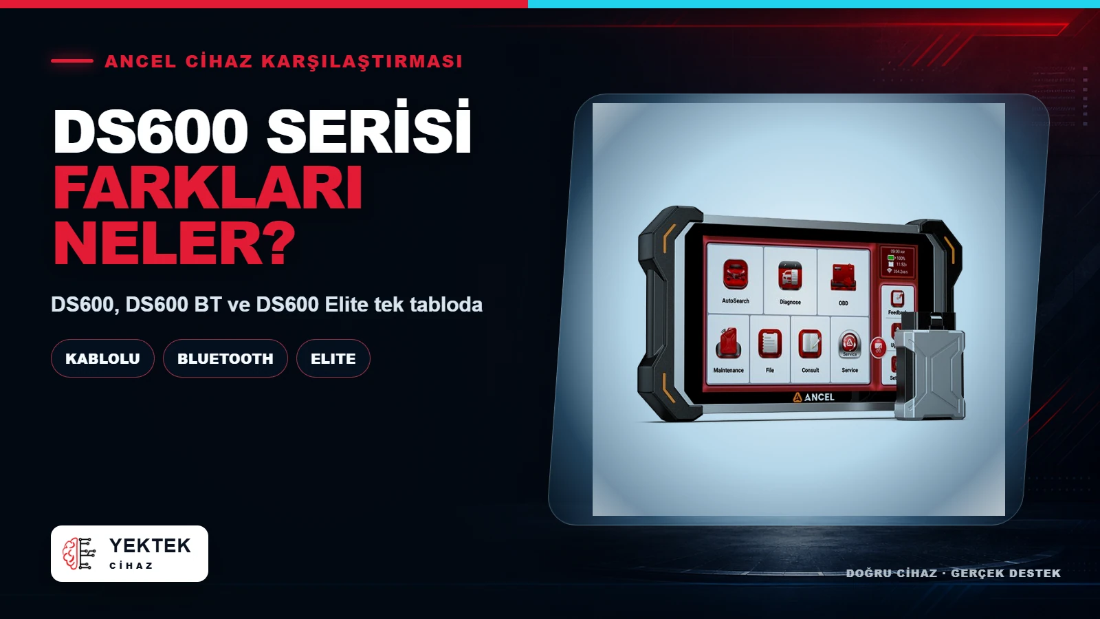 ANCEL DS600, DS600 BT ve DS600 Elite Arasındaki Farklar için YekTek Cihaz teknik rehber kapak görseli