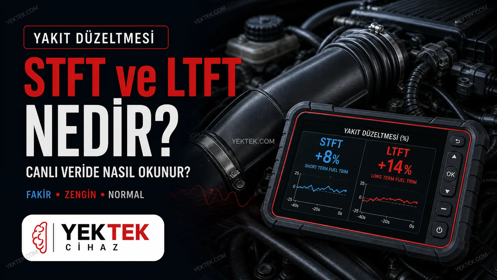 STFT ve LTFT Yakıt Düzeltmesi Nedir? Arıza Tespit Cihazında Nasıl Okunur? için YekTek Cihaz teknik rehber kapak görseli