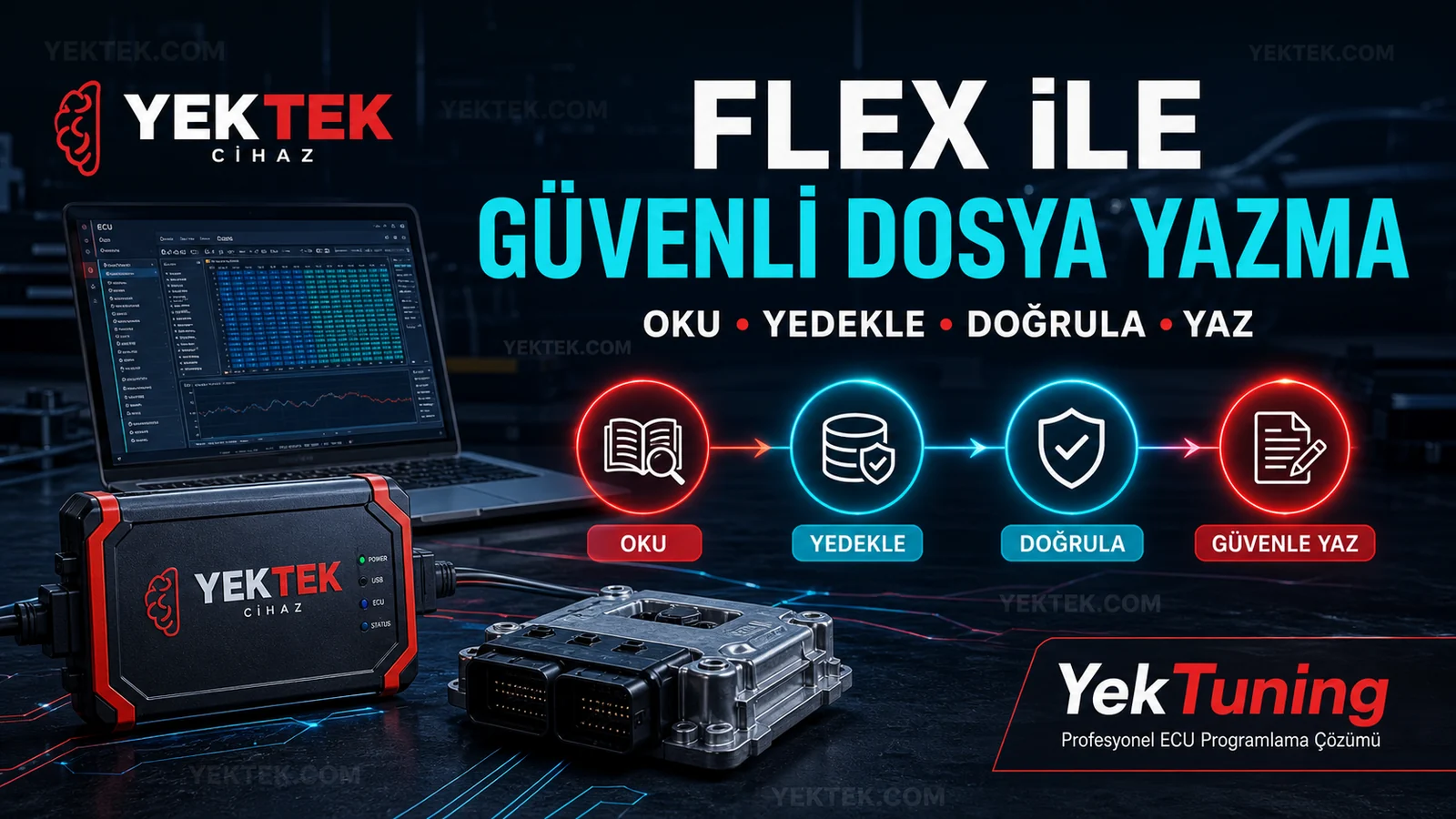 YekTuning ile FLEX ECU Dosyası Okuma, Yükleme ve Güvenli Yazma Rehberi için YekTek Cihaz teknik rehber kapak görseli