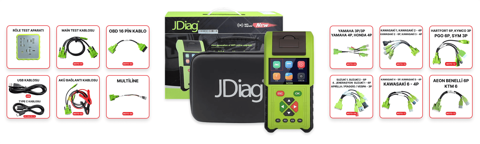 jDiag M200 Master Full 25 kablolu Soketli Motosiklet Arıza Tespit CihazıSet ve Kablolar