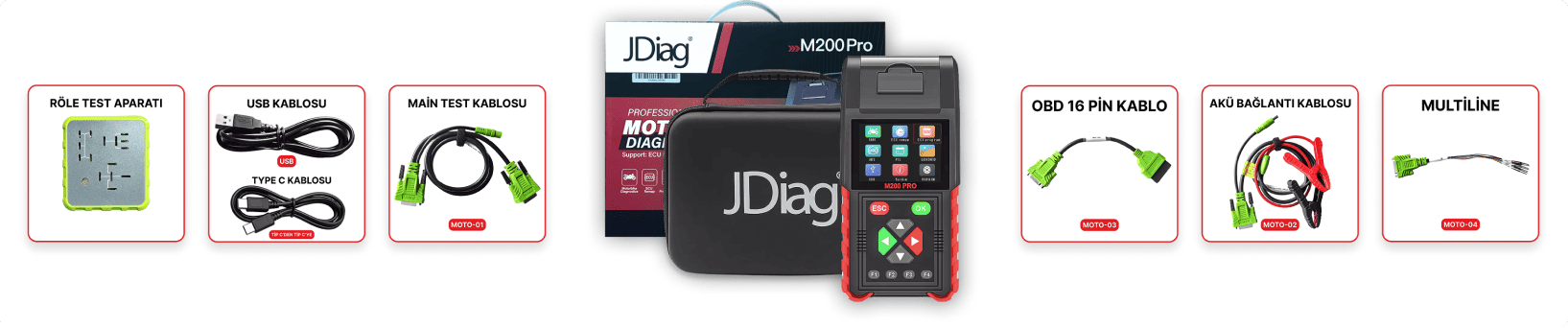 jDiag M200 PRO OBD versiyon Motosiklet Arıza Tespit Cihazı Kutu ve Kablolar