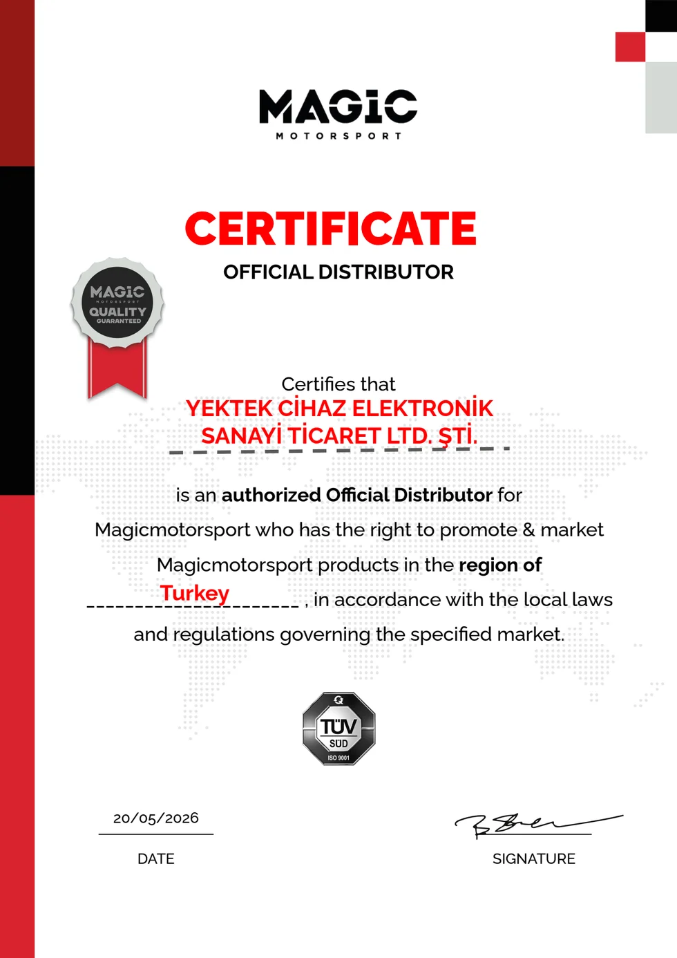 YekTek Cihaz Magicmotorsport Türkiye Official Distributor belgesi